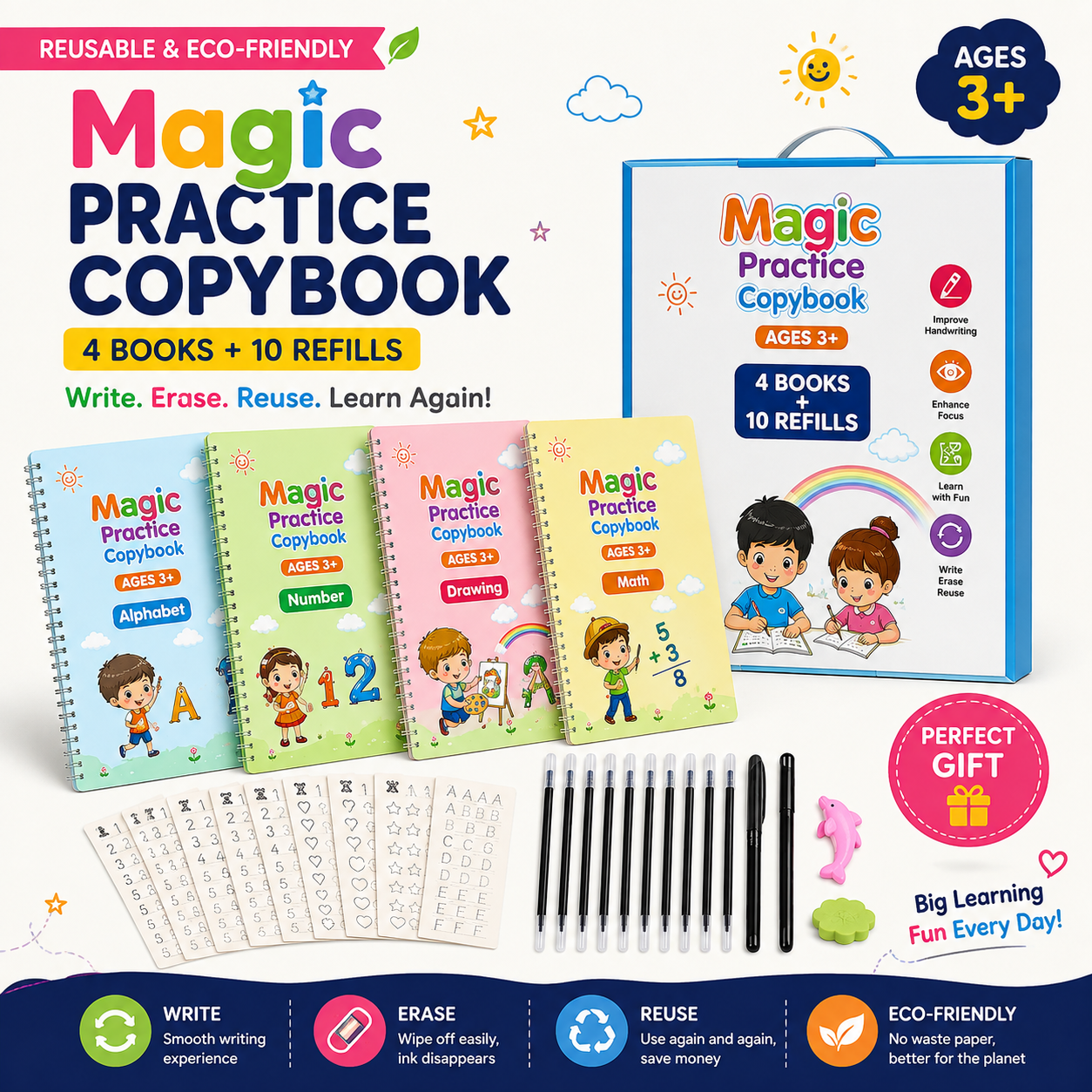 Magic Book for Kids Hand Writing Books Children Magic Copybooks(4 Book + 10 Refill) (A-127)